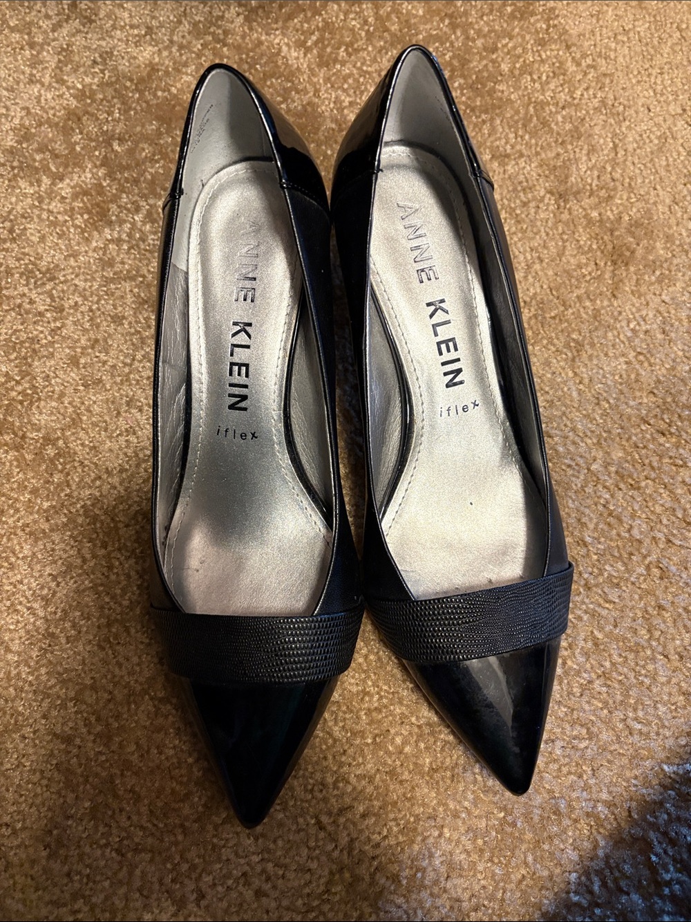 Anne Klein Black Pointed Toe Patent Pumps with Elastic Band